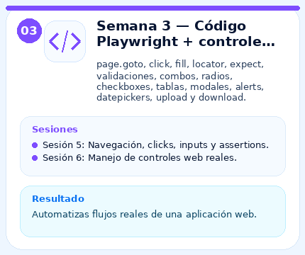 Temario del curso - Semana 3 — Código Playwright + controles web
